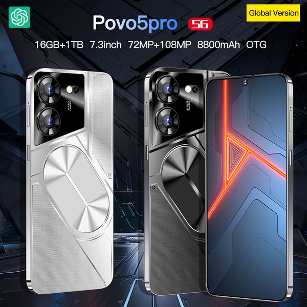 POVO5PRO Android 8.1 Akıllı Telefon Dokunmatik Ekran Renk Ekranı 4G 8GB 16GB RAM 256GB 64GB 1TB ROM 7.3 inç HD Ekran Yerçekimi Sensörü Birden Çok Dilleri Destekler Cep Telefonu