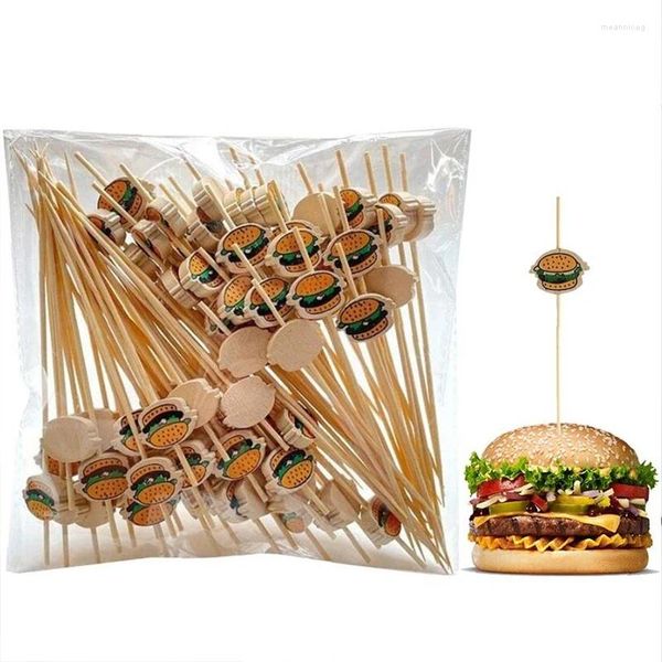 Forchette 100x Bastoncini di bambù decorati per hamburger Spiedini di frutta usa e getta Snack per feste Buffet per feste Decorazione per sandwich