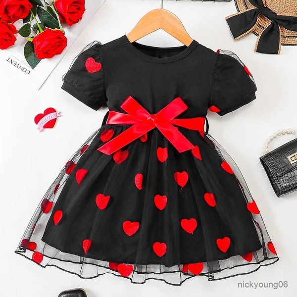 Mädchenkleider 4-7 Jahre Kind Mädchen Prinzessin Kleid Rote Schleife Kurzarm Liebe Tüllrock Festival Geburtstag Party Kostüme für kleine Mädchen