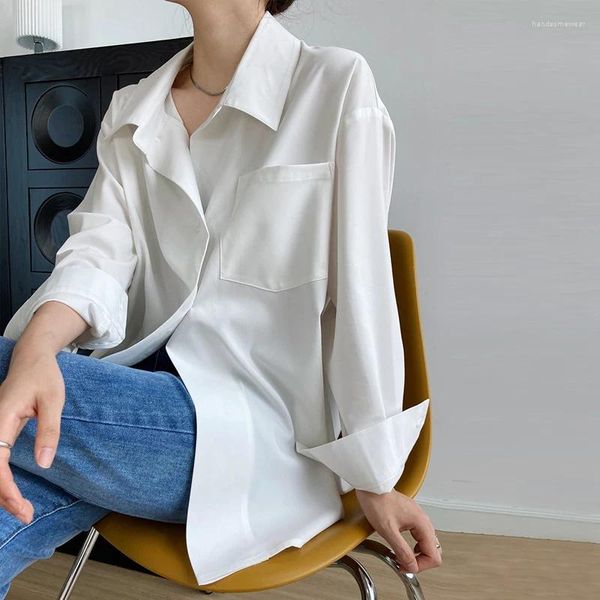 Blusas femininas soltas lânguidas camisa branca mulheres primavera outono coreano botão traseiro cor sólida render todos os jogos camisas