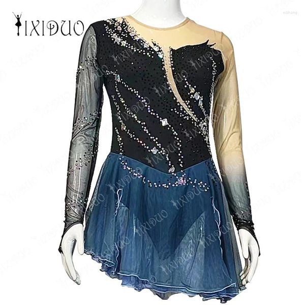 Bühnenkleidung Schwarz Blau Eiskunstlauf Kleid Damen Strass Benutzerdefinierte Rock Langarm Ballett Mode Bequem Für Mädchen Kind