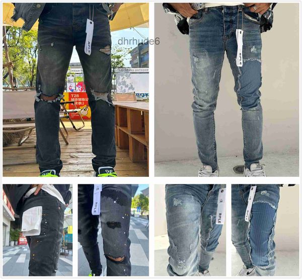 Herren-Jeans, violett, gestapelt, Designer-Stretch-Stoff, Knieloch, Vintage-Schwarz, schmal, lässig, vier Jahreszeiten, verwaschen, eingefärbt und Flecken mit schmutzigem Effekt, A1 CGA3