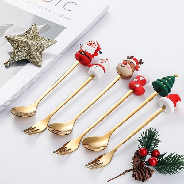 Set di stoviglie 2 pezzi / set Cucchiai d'oro di Natale con scatola Cucchiaio in acciaio inossidabile Tè Caffè Gelato Dessert Stoviglie mescolando