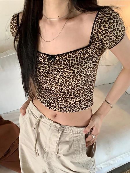 Kadın Tişörtleri Houzhou Kpop Leopar Baskı T-Shirt Kadınlar Y2K Harajuku İnce Mahsul Koreli Vintage Seksi Kare Yaka Kısa Kollu Tee