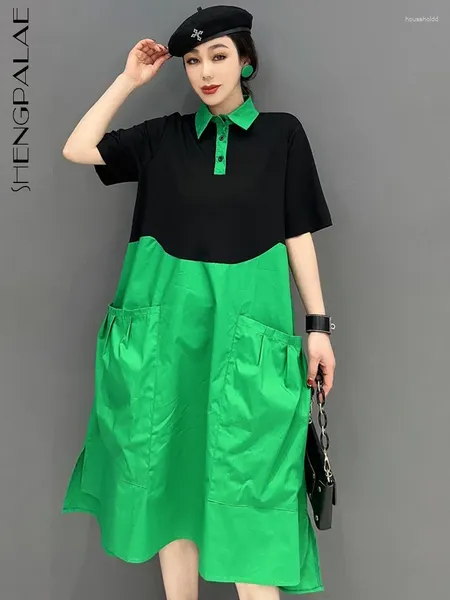 Sıradan Elbiseler Shengpalae 2024 Bahar Kore Moda Dönüşü Yakalama Renk Bloket Gevşek Cep Kırışıklık Elbise Kadın Robe 5R1766