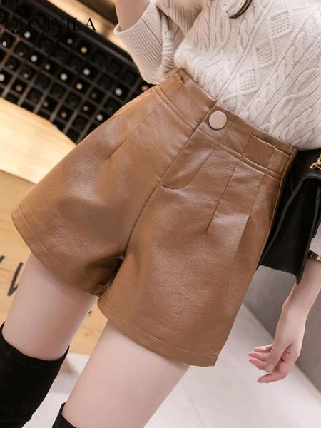 Frauen Shorts Herbst/Winter Mode Pu Leder Hohe Taille A-linie Für Frauen 2024 Lose Breite Bein Abnehmen Mit stiefel Kurze Hose