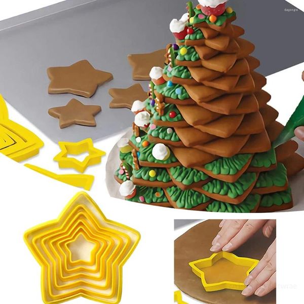 Moldes de cozimento 6 pçs/set estrela forma plástico êmbolo cortador biscoito fondant bolo cinco pontas 3d ferramenta de decoração molde de natal