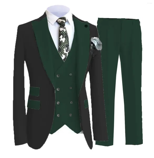 Ternos masculinos verde terno 3 peça fino encaixe lapela casaco preto adequado para banquete de casamento noivo vestido jaqueta colete com calças