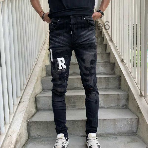 Mens Jeans Designer Angustiado Rasgado Skinny Cowboy Pant Roxo Rock Revival Calças Retas Slim Elastic Denim Fit Moto Calças Streetwear 824117549 EHBQ