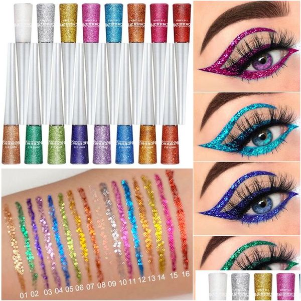 Eyeliner 16 colori Diamond Glitter Eyeliner Pen Colorf Verde Giallo Oro Argento Arancione Blu Viola Goccia liquida impermeabile a lunga durata D Otuqn