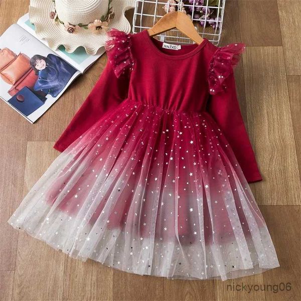 Abiti da ragazza Autunno/Inverno Abiti rossi di Natale per ragazza Bambini Manica lunga Paillettes Abiti in tulle Costume da principessa per la festa di compleanno della bambina