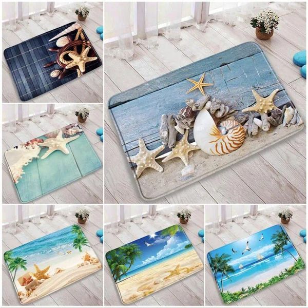 Badematten Vintage Blue Board Muschel Seestern Matte Strand Ozean Palmen Natur Landschaft Türteppich Zimmer Badezimmer Dekor Rutschfester Teppich