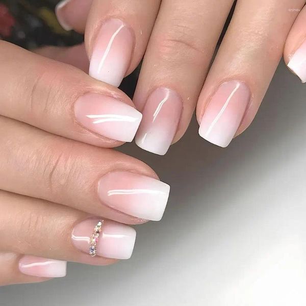 Unhas Falsas Moda Francesa Gradiente Rosa Cobertura Completa Imprensa em Destacável Long Square Nail Tips DIY