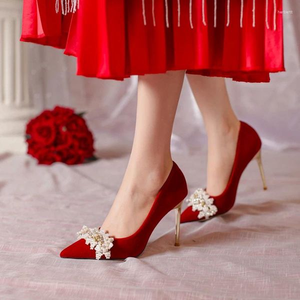 Sapatos de vestido Mulheres de casamento chinês 2024 High-end nupcial vermelho salto alto stilet camurça mostrar 5223