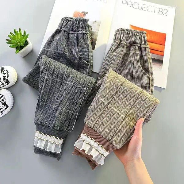 Calças outono inverno moda solta casual meninas todos os jogos kawaii doce bebê crianças calças grossas retalhos bonito roupas infantis