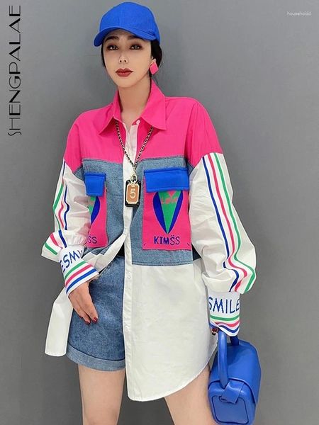 Женские блузки SHENGPALAE, лоскутная рубашка с цветными блоками, пальто, женская корейская модная блузка с длинным рукавом в стиле меньшинств, одежда Y2k, весна 2024 г.
