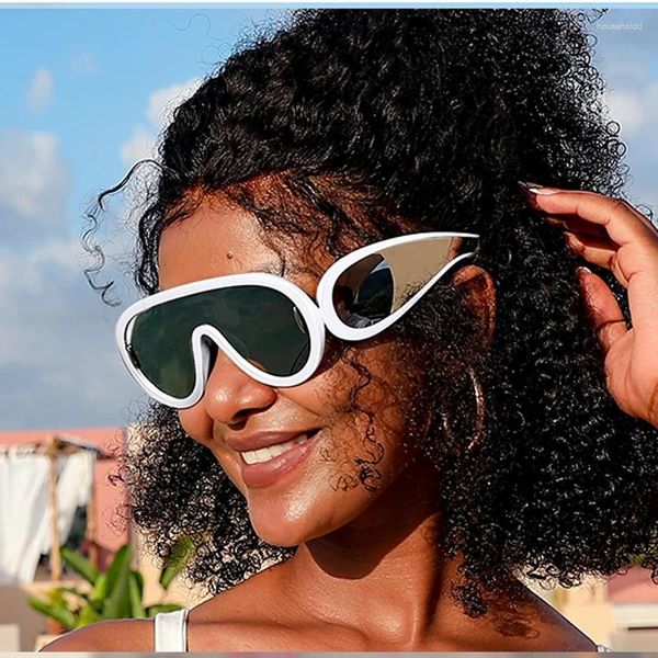 Óculos de sol moda onda máscara para mulheres homens oversized prata espelhada futurista escudo sol óculos designer estilo