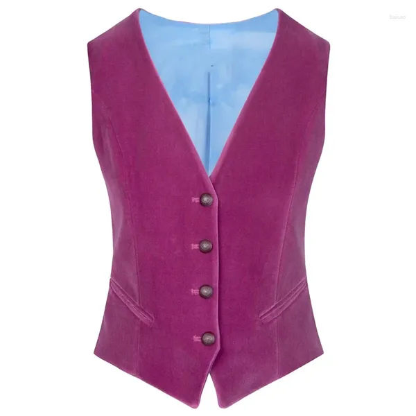 Gilet da uomo Gilet sartoriale da donna Elegante Gilet OL Velluto fucsia Scollo a V Monopetto 4 bottoni Estetica formale da lavoro