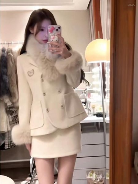 Abito a due pezzi UNXX 2024 Giacca da donna autunno e inverno Set gonna e cappotto corto in lana stile college bianco latte