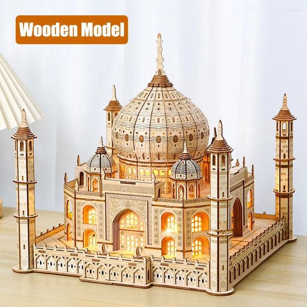 Pinturas 3D Puzzle De Madeira Castelo Real Taj Mahal Com Montagem De Luz LED DIY Modelo Kits Decoração De Mesa Brinquedos Para Crianças Presente