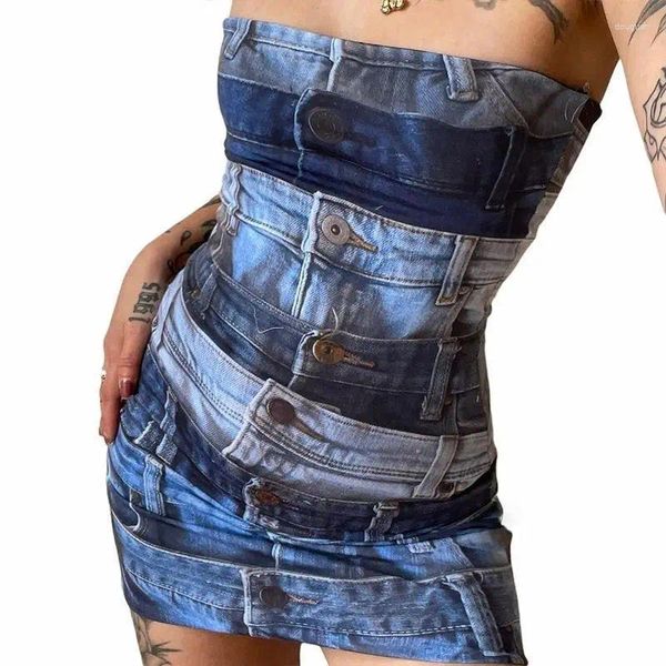 Sıradan Elbiseler Kılıfsız Patchwork denim baskı mavi gradyan kadın kalça sarılı elbise sırtsız zayıflama fit kısa yaz