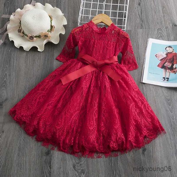 Vestidos da menina outono elegante vestido de flor de renda para menina branca meia manga 1ª comunhão traje 3-8t crianças aniversário festa de casamento roupas de tule