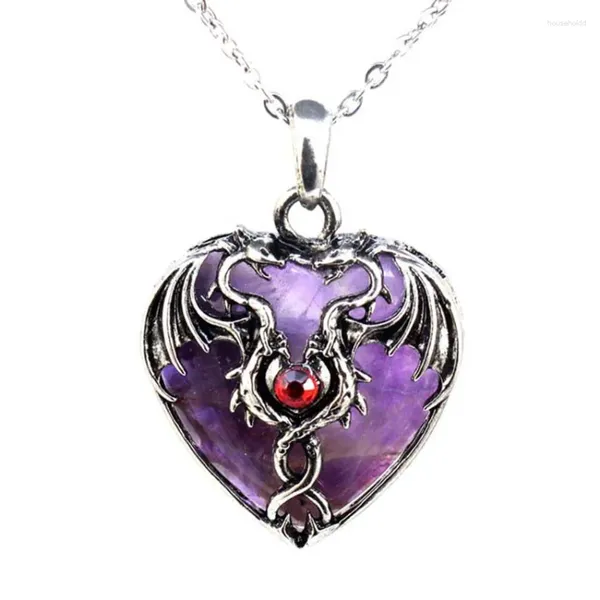 Anhänger Halsketten KFT Vintage Dragon Man Halskette Naturstein Kristall Herzform Für Frauen Amethysten Rosa Quarz Schmuck Geschenk