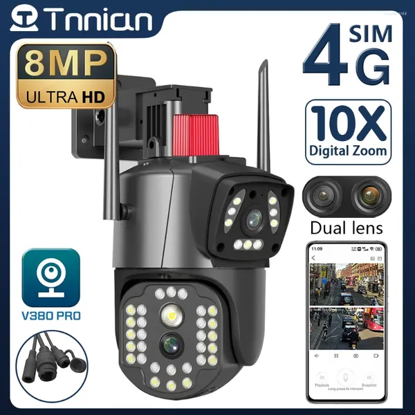 Tnnian 4k 8mp 4g cartão sim lente dupla tela da câmera ptz ai rastreamento humano wifi segurança cctv vigilância ip v380 pro