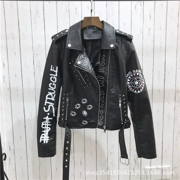 Stampa Giacca in finta pelle morbida Donna Primavera Autunno Inverno Pu Cappotto da moto Nero Punk gotico Biker Rivetto Tasca Capispalla 240130