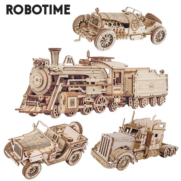 Robotime Rokr Puzzle 3D Treno a vapore mobileCarJeep Giocattolo di assemblaggio Regalo per bambini Kit di blocchi di costruzione di modello in legno per adulti 240122