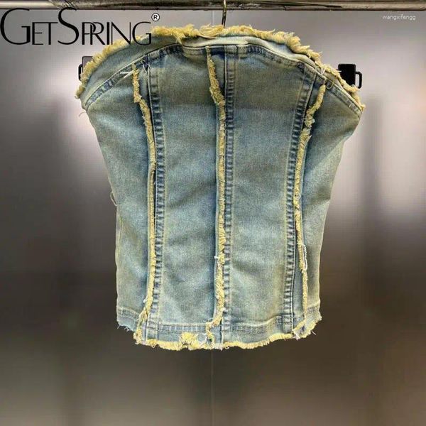 Tanques femininos Yuerwang Mulheres Tank Tops 2024 Verão Sem Mangas Backless Slim Curto Denim Camis Moda Cintura Alta Zipper Jean Crop