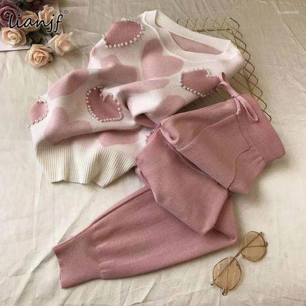Женские брюки из двух предметов, вязаный спортивный костюм с милым принтом «Любовь», женский летний свитер с короткими рукавами и бисером, женские топы, розовые повседневные