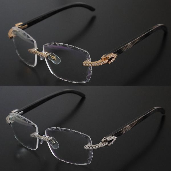 Luxus-Brille, Moissanit-Diamant-Set, Rand, Designer-Brille, Damen, Vintage, Herren, Original, innen weiß, schwarzes Büffelhorn, randlos, optische Linse mit Diamantschliff