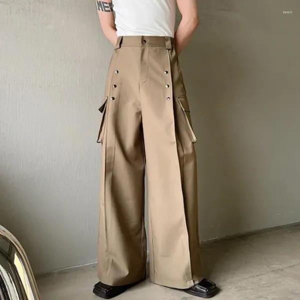 Calças masculinas 2024 casual calças de perna larga estilo coreano cintura alta peça de metal bolso decoração elegante plus size S-XL