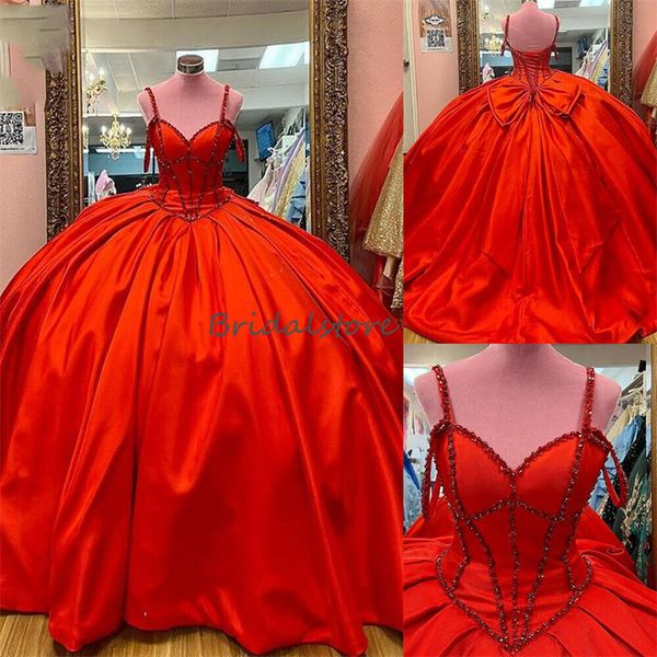 Elegante vermelho frisado quinceanera vestidos de baile fora do ombro alças espaguete formal vestido de aniversário espartilho vestidos de xv 15 anos charro debutante mexicano 2024