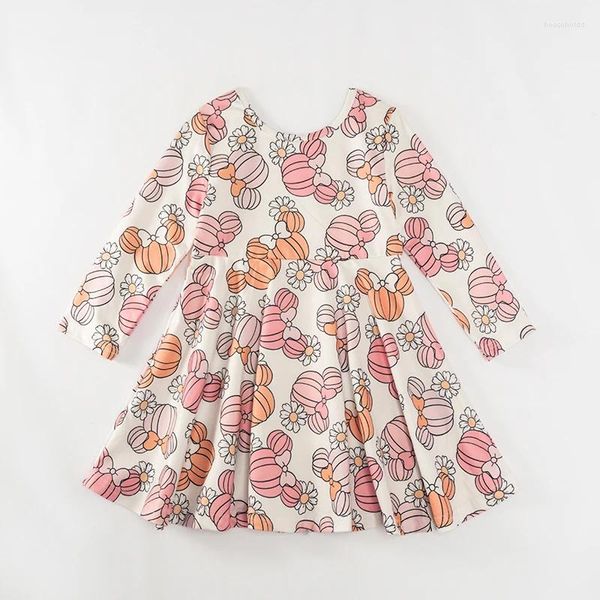 Abiti da ragazza Autunno Autunno Ringraziamento Halloween Abbigliamento da bambina Abbigliamento per bambini Abito a spirale in seta floreale con zucca e maniche lunghe al ginocchio