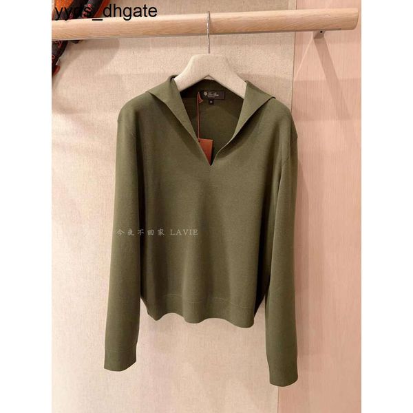 Maglioni Loro Piano Donna Inverno Tempo libero Maglione di lana a maniche lunghe con risvolto con scollo a V verde scuro NM5Q