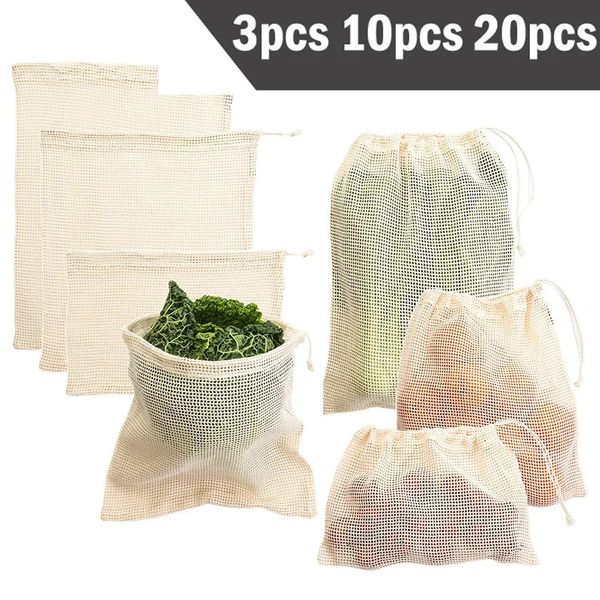 Conjunto de sacos de produtos reutilizáveis, 3 6 10 unidades, saco ecológico, malha de algodão, vegetais para armazenamento de frutas, compras 240125