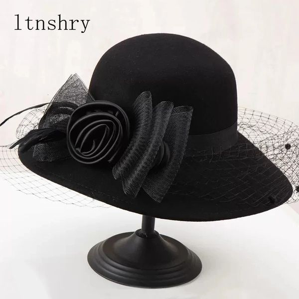 Элегантная женская шерстяная фетровая шляпа-федора с широкими полями, шляпа-котелок, осенне-зимняя церковная шляпа, шапка Femme, винно-красная, черная 240126