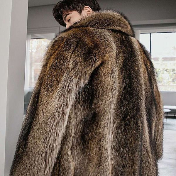Designer inverno masculino gola de pele imitação de grama de guaxinim casaco lobo sable cabelo comprimento médio 99s7