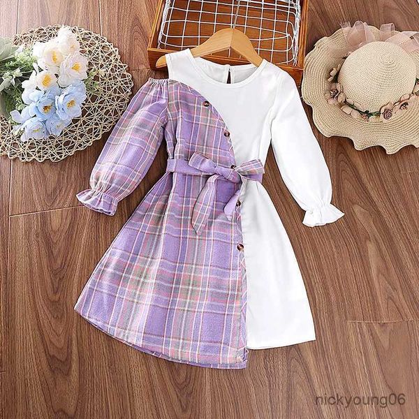 Vestidos da menina criança vestido casual para meninas roupas 2023 primavera outono nova criança manga longa remendado vestido de princesa com cinto moda crianças