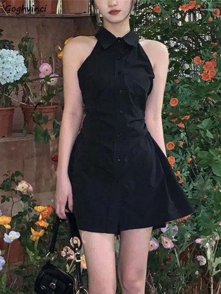 Vestidos casuais sem mangas mini vestido mulheres preto sólido halter slim fit a-line design ulzzang concurso elegante minimalista vestido feminino