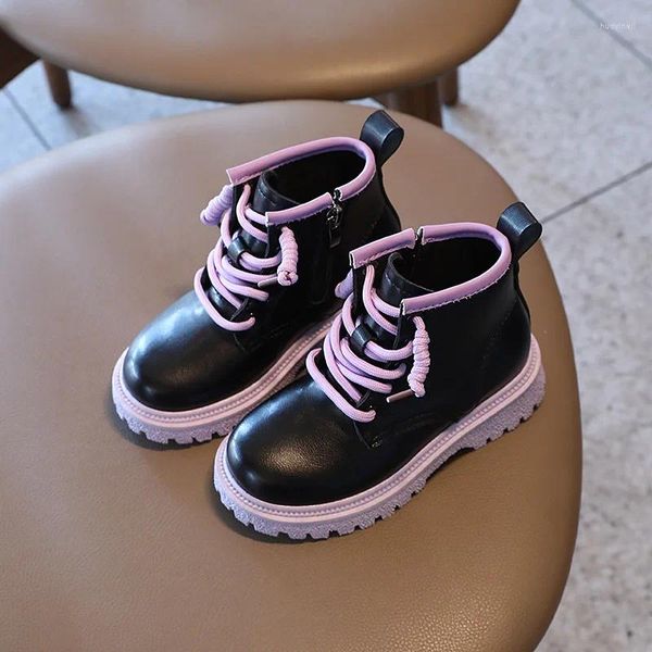 Сапоги, зимние детские повседневные ботинки из искусственной кожи для девочек на шнуровке, фиолетовые туфли, детские кроссовки