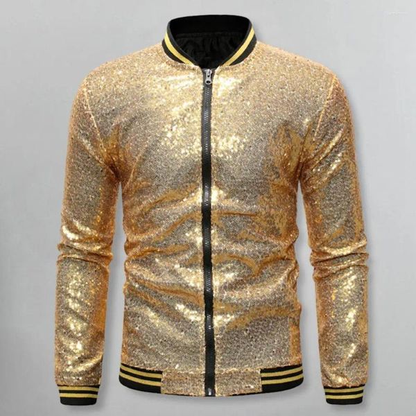 Giacche da uomo Uomo Paillettes Elegante Slim Manica lunga Giacca da baseball Cappotto Cerniera Abito da festa di nozze Night Clubwear