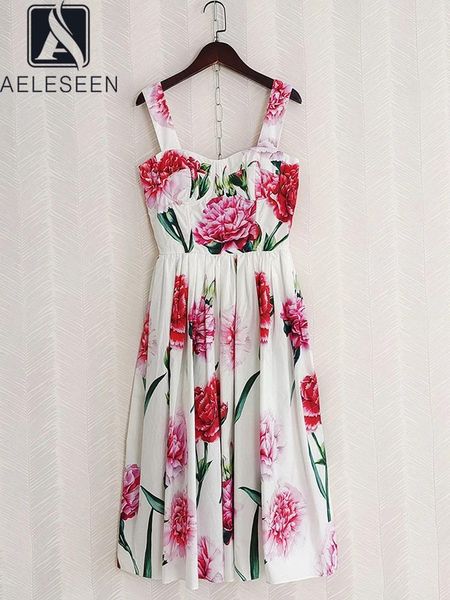 Vestidos casuais aeleseen algodão mulheres vestido siciliano primavera verão espaguete cinta peônia flor impressão elegante magro camisola popeline