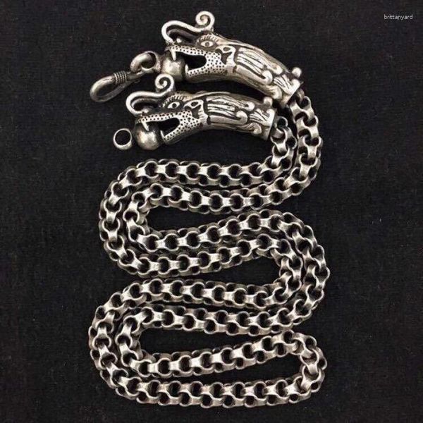 Ожерелья с подвесками, белая медная посеребренная цепочка для свитера, тибетское серебряное ожерелье в китайском стиле с головой дракона