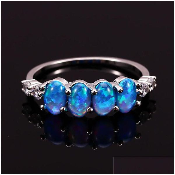 Anéis de casamento na moda azul fogo opala anel de noivado única fileira pequena pedra oval vintage cor sier para mulheres boho jóias gota dhvbc