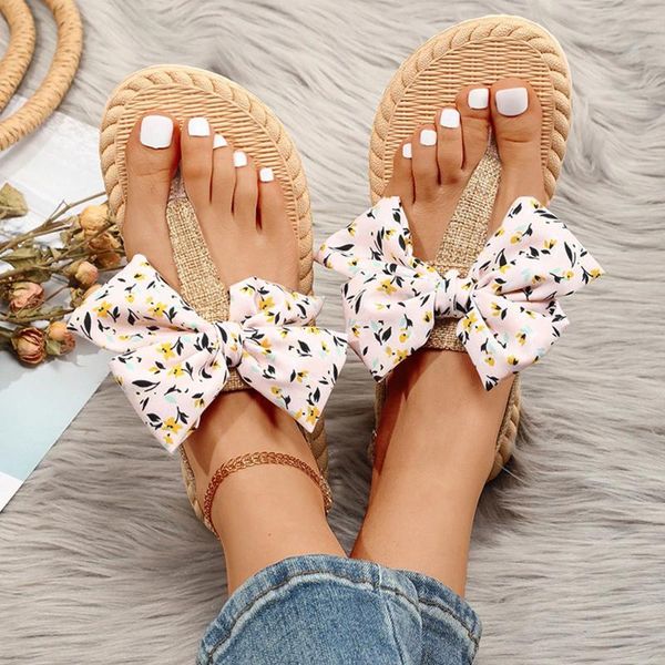 Sapatos de vestido Mulheres Verão Espadrille Sandálias Bow Decoração Mulheres T-Strap Flip Flops Thong Trançado Sandália Moda Senhoras Praia 2024