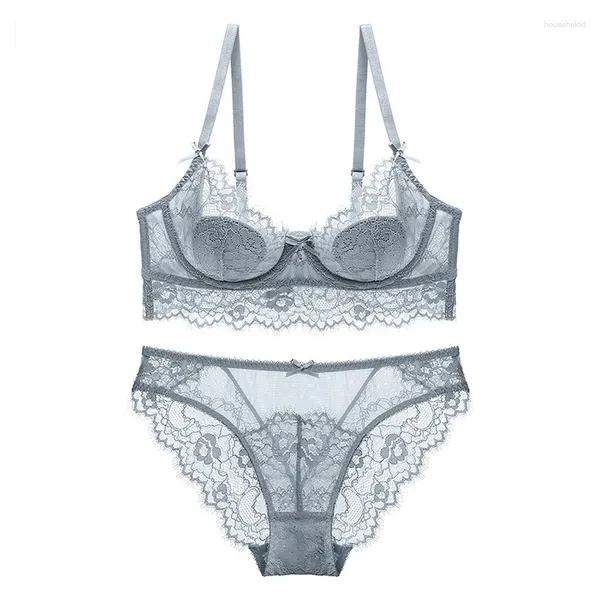 BHs Sets Sexy Wimpern Spitze Ultradünne Unterwäsche Set mit Steinen Breitseite Plus Size BH und Höschen Frauen Dessous A B C D E Cup