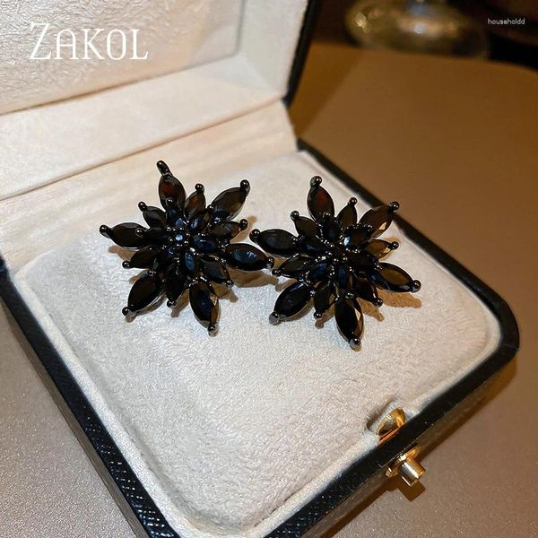 Brincos de garanhão zakol coreia moda preto zircão flor para mulheres luxo brilhante cor ouro festa de casamento jóias 2024